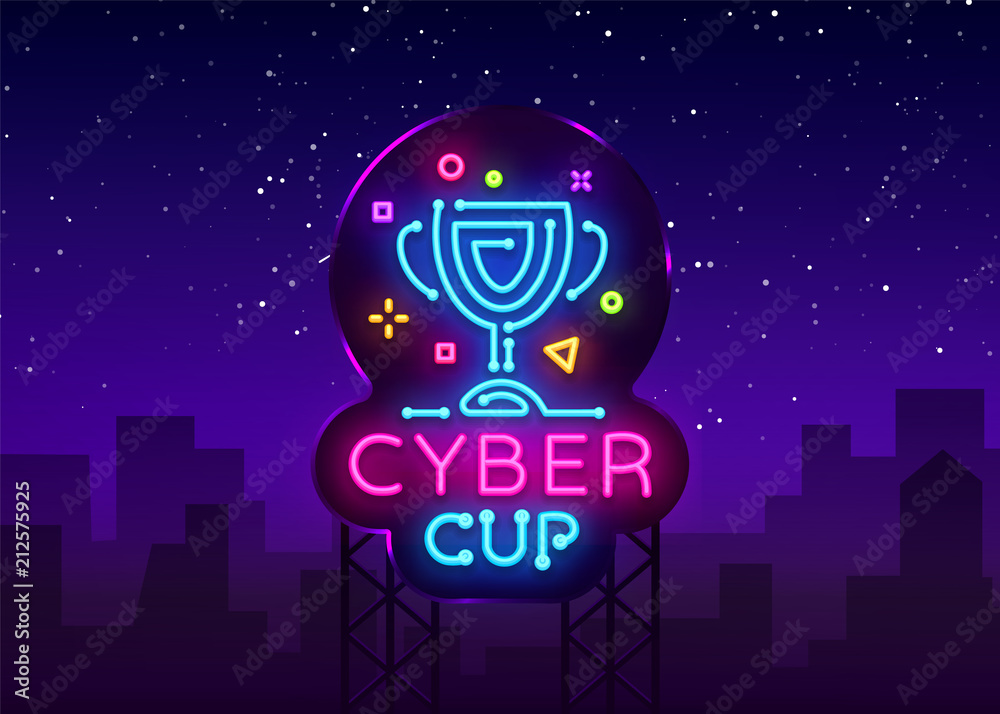 Cybersport Vector Cup emblem. Cyber Cup neon sign, design template for Cyber Championship, Gaming Industry, Light banner, Bright Neon advertisement. Vector illustration. Billboard
