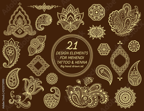 Big set of Mehndi flower pattern for Henna drawing and tattoo. Decoration in ethnic oriental, Indian style.