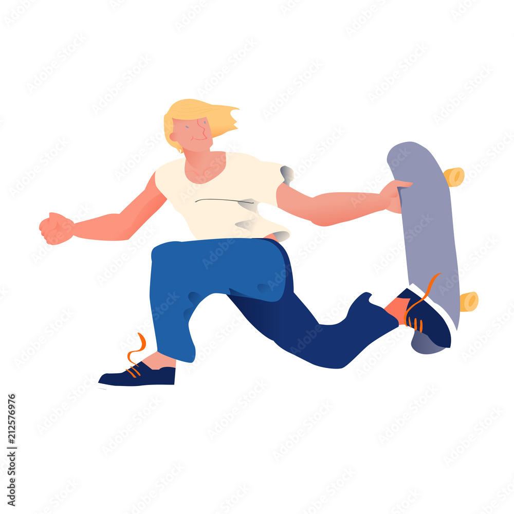 Fototapeta premium Young guy with golden hair on skateboard. The skateboarder does a trick in a jump. Flyer or poster for goods for sportsmen skateboarders. Cool dude man. Flat vector illustration.