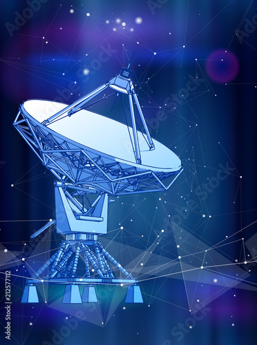 Satellite Dishes Antenna - doppler radar, digital wave and blue technology background - abstract illustration of science, astronomy, information technology, network solutions and digital technologies