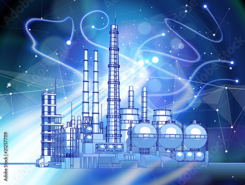 modern chemical manufacturing plant on a blue technological background with a stylized digital wave - the concept of modern technology, the new industrial revolution & information technology / vector