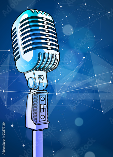 A microphone on a blue technological background is surrounded by a sound wave. Atmosphere of sound recording studio, chamber concert, night disco club or karaoke club / vector