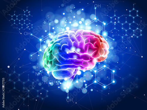 Human brain on a blue technological background surrounded by information fields, neural networks, Internet webs - the concept of modern technology, biotechnology, artificial intelligence. Vector draw