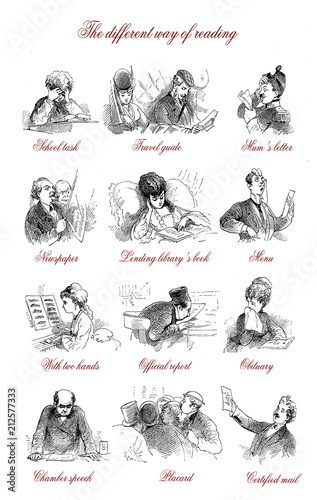 Vintage caricatures and fun:readers and the different way of reading, men and women illustrated with humor photo