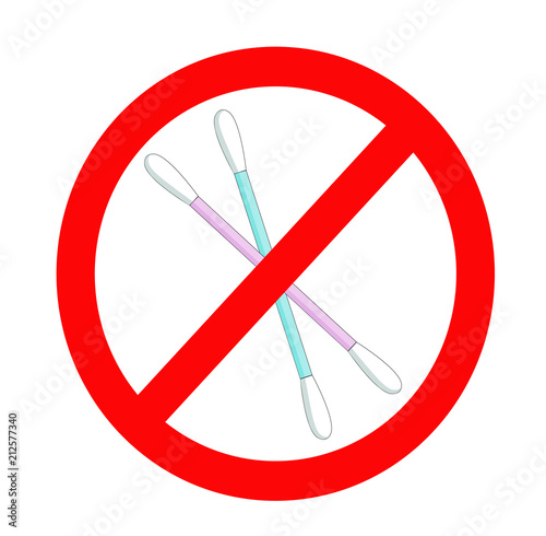 Set of cotton swabs with a forbidden sign. Prohibition concept. Polluting material for the sea and the environment, unhealthy. Isolated vector.