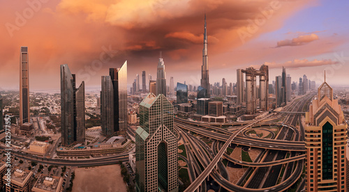 Dubai skyline during sunrise  United Arab Emirates.