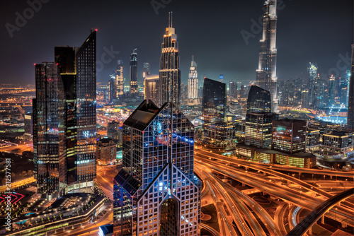 Dubai skyline during sunrise, United Arab Emirates.