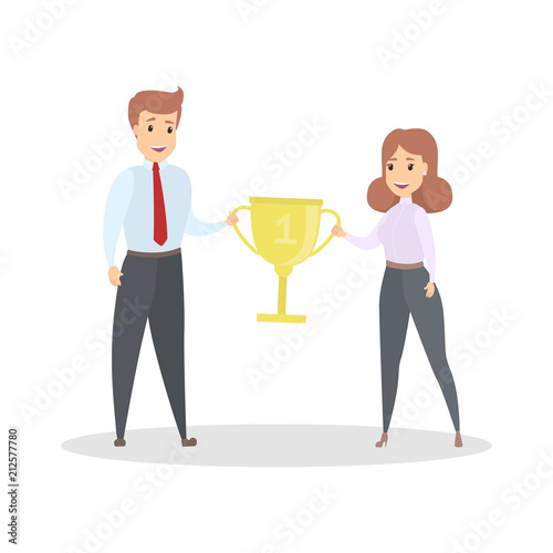 Businessman and business woman holding golden trophy cup