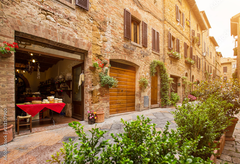 Beautiful street in a small old village Pienza, Tuscany.