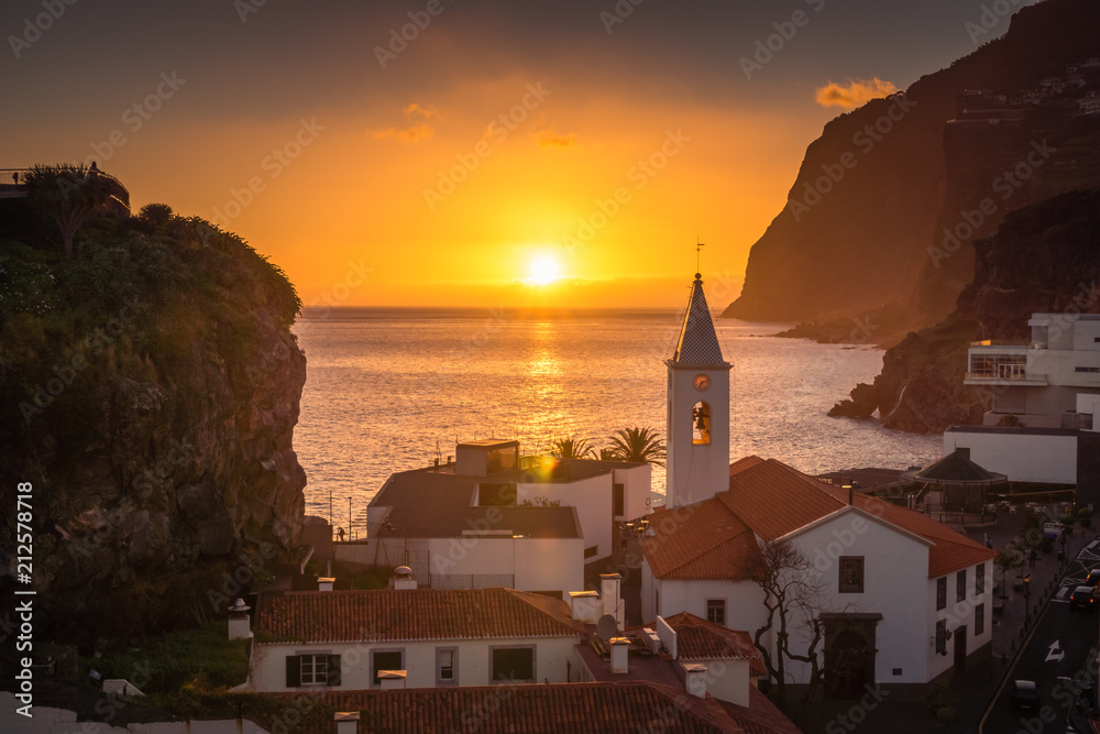 Sunset over the church in Camara de Lobos, Madeira, Portugal