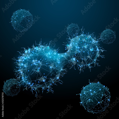 Cancer cells. Oncology low poly wireframe. Vector polygonal image in the form of a starry sky or space, consisting of points, lines, and shapes in the form of stars with destruct shapes. photo