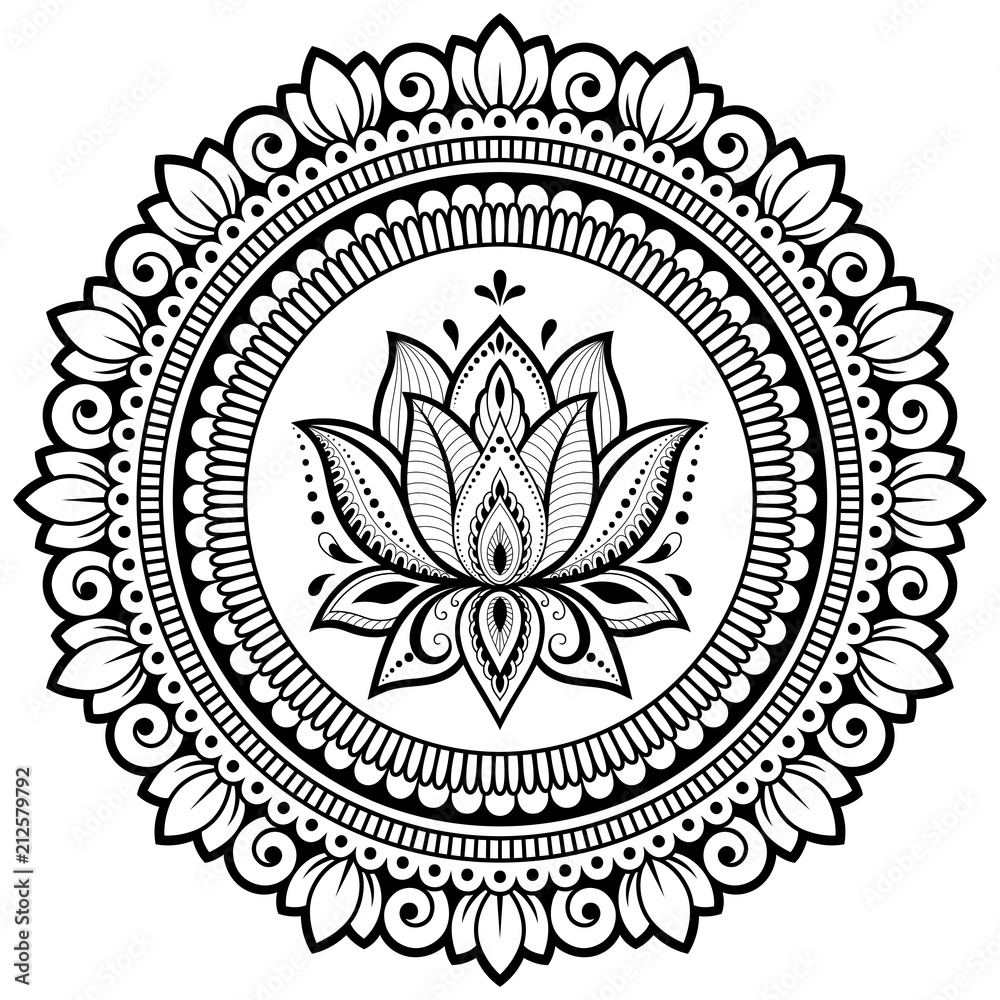 Circular pattern in form of mandala with Lotus for Henna, Mehndi, tattoo, decoration. Decorative ornament in ethnic oriental style. Coloring book page. Circular pattern in form of mandala with Lotus for Henna, Mehndi, tattoo, decoration. Decorative ornament in ethnic oriental style. Coloring book page.