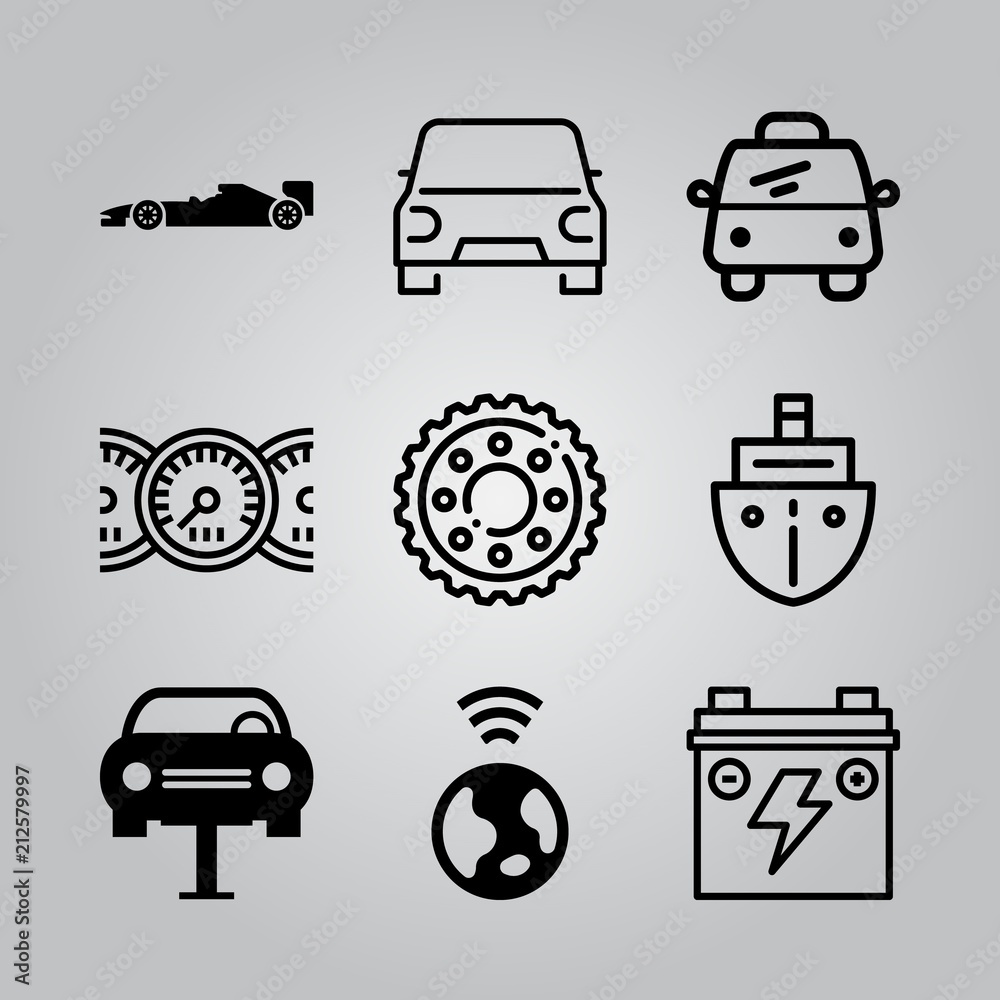 Simple 9 icon set of electronics related car of formula, gear, car lifter and battery vector icons. Collection Illustration