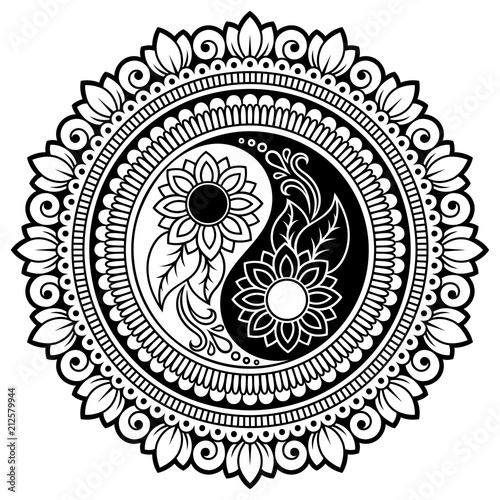 Circular pattern in form of mandala for Henna, Mehndi, tattoo, decoration. Decorative ornament in oriental style with Yin-yang hand drawn symbol. Coloring book page.
