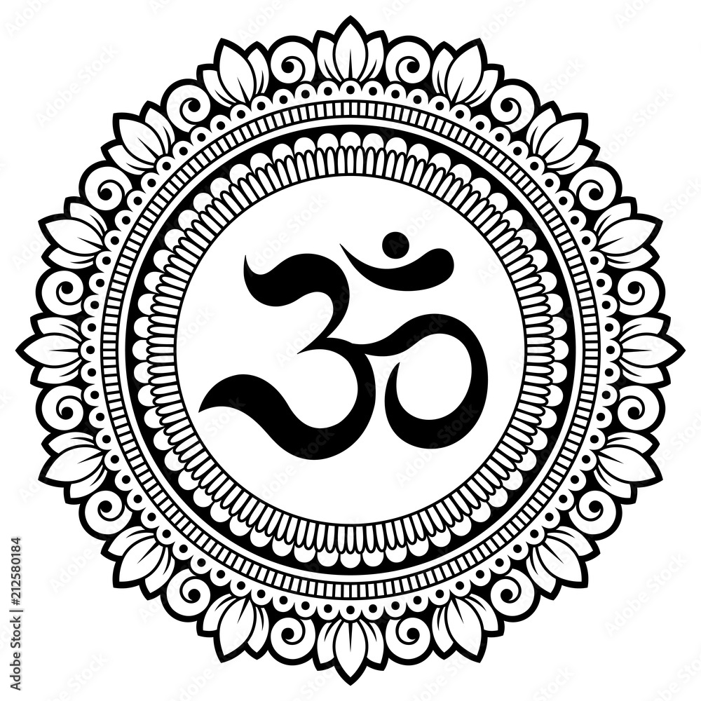 Circular pattern in form of mandala for Henna, Mehndi, tattoo, decoration. Decorative ornament in oriental style with ancient Hindu mantra OM. Coloring book page.