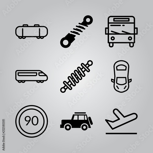 Simple 9 icon set of transport related departures, family car, fast train and shock absorber vector icons. Collection Illustration
