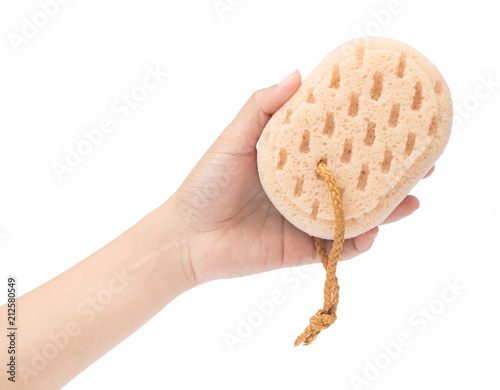 hand holding Soft sponge isolated on white background photo