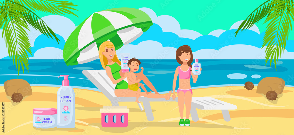 Sunscreen for whole Family. Vector Illustration.