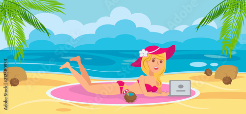 Woman on Beach with Laptop. Vector Illustration.