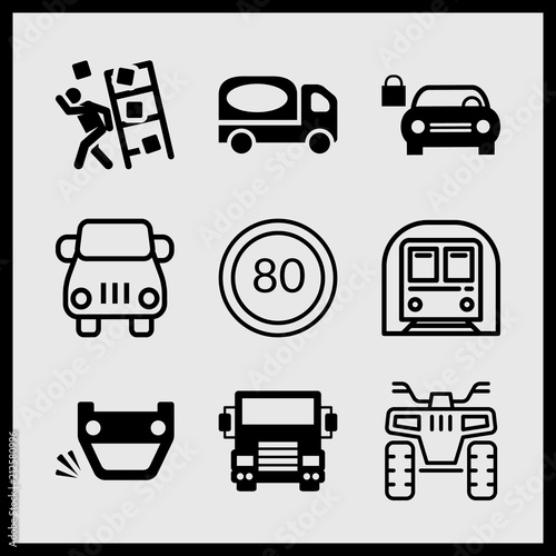 Simple 9 icon set of car related overturned vehicle, car, underground and trailer truck vector icons. Collection Illustration