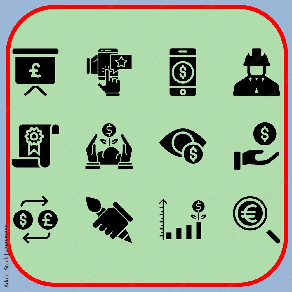Fototapeta premium Simple 12 icon set of business related presentation, architecture, feedback and euro vector icons. Collection Illustration