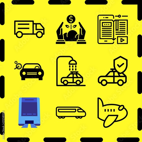 Simple 9 icon set of business related truck, growth, airplane and ebook vector icons. Collection Illustration