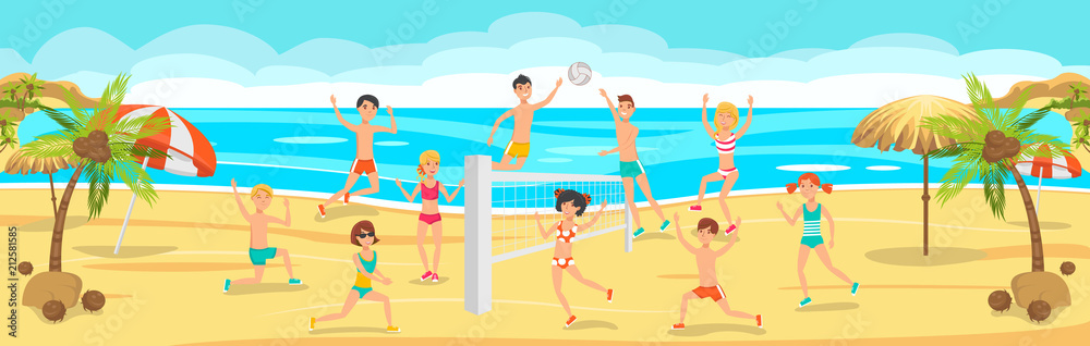 Happy People playing Beach Volleyball. Sunny Day.