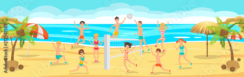 Happy People playing Beach Volleyball. Sunny Day.