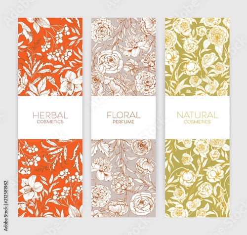 Collection of vertical floral backdrops or banners with romantic summer garde...
