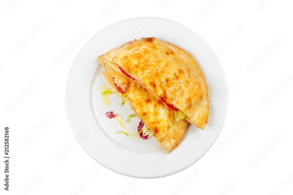 Fresh fried omelette on a white plate isolated on white background