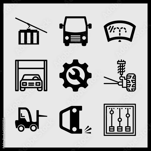 Simple 9 icon set of car related cable car, overturned car, windscreen and bus front vector icons. Collection Illustration