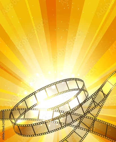 Retro filmstrip background. Vintage movie yellow vector background with film strip, video projection backdrop