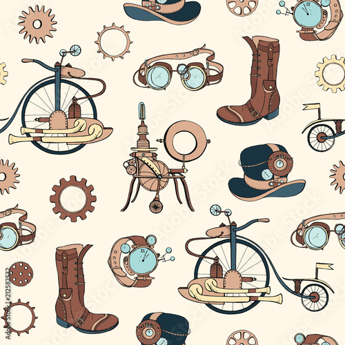 Seamless pattern with steampunk attributes and apparel hand drawn on light ba...