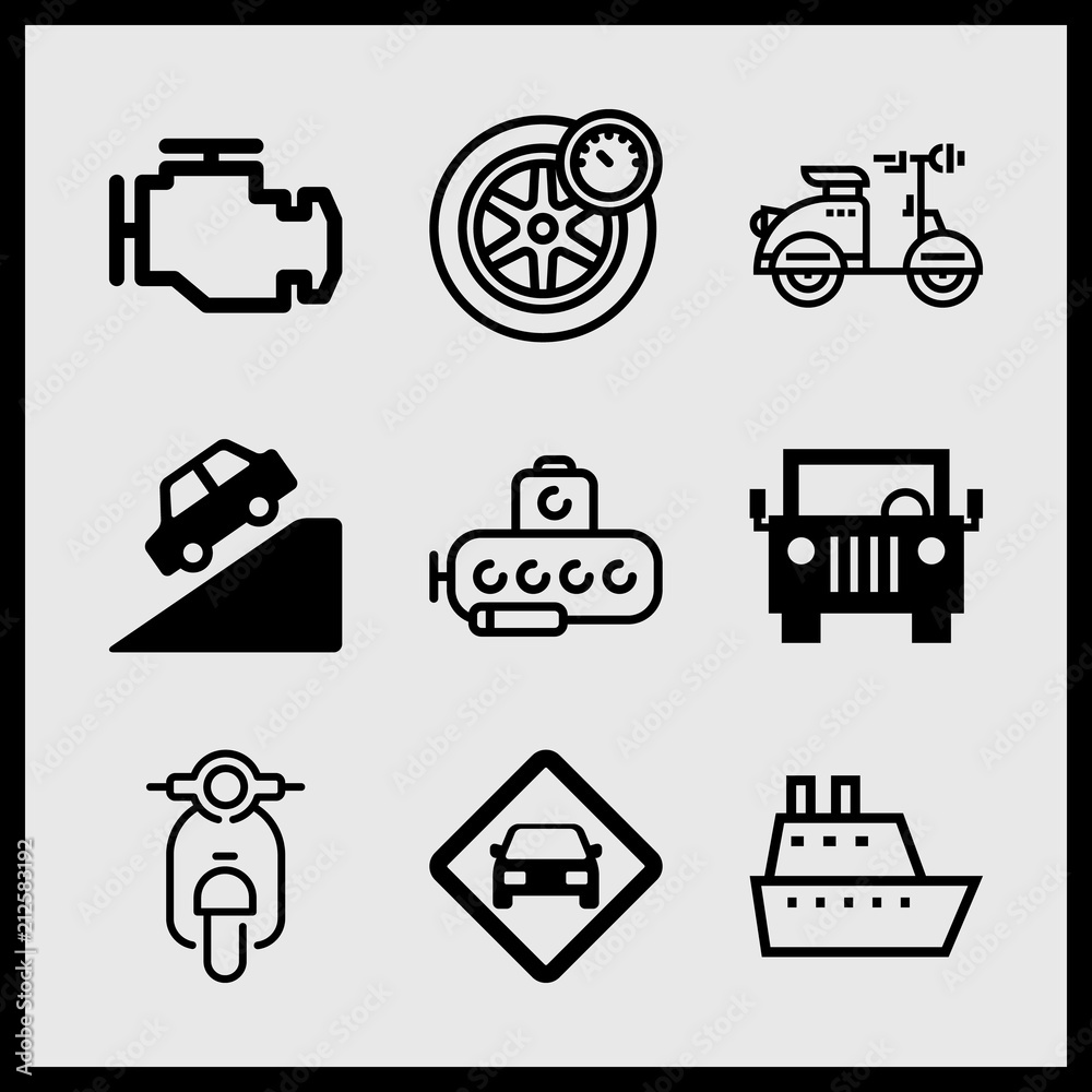 Simple 9 icon set of car related car on the hill, wheel and manometer, car sign and malfunction indicador vector icons. Collection Illustration Simple 9 icon set of car related car on the hill, wheel and manometer, car sign and malfunction indicador vector icons. Collection Illustration