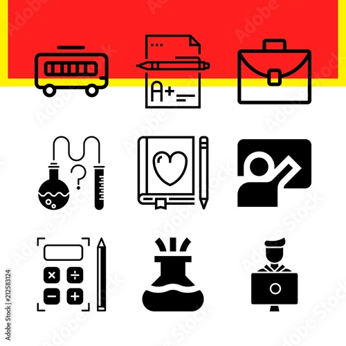 Simple 9 icon set of edication related science, exam, calculator and flask vector icons. Collection Illustration