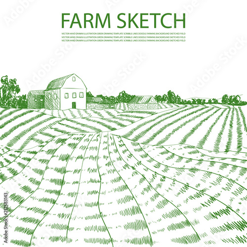 Vector Hand Drawn Farm Field Illustration, Green Lines Engrave Style.