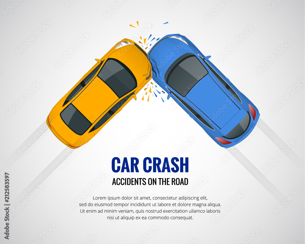 Car crash, car accident top view isolated on a light background. Car crash emergency disaster. Flat vector illustration. - obrazy, fototapety, plakaty 