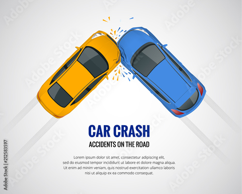 Car crash, car accident top view isolated on a light background. Car crash emergency disaster. Flat vector illustration.