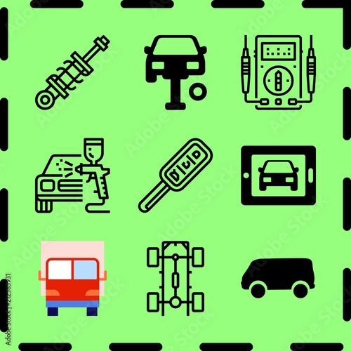 Simple 9 icon set of service related car key, lorry, repairing car and spray gun vector icons. Collection Illustration