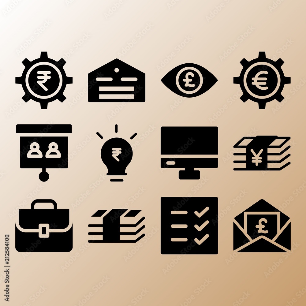 Briefcase, rupee and presentation related premium icon set Briefcase, rupee and presentation related premium icon set