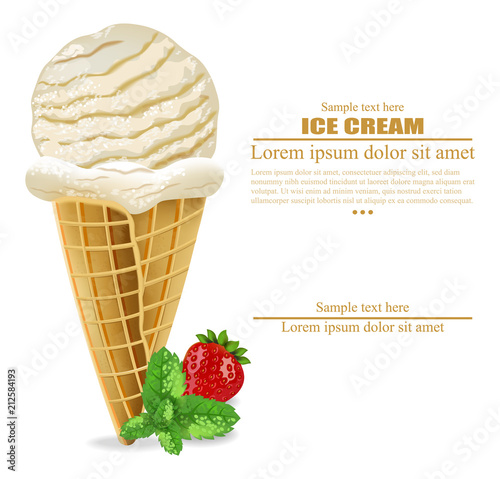 Ice cream cone Vector. Vanilla flavor poster. Fresh dessert menus