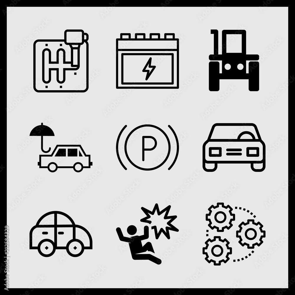 Simple 9 icon set of car related parking, car, tractor front and shifter vector icons. Collection Illustration Simple 9 icon set of car related parking, car, tractor front and shifter vector icons. Collection Illustration