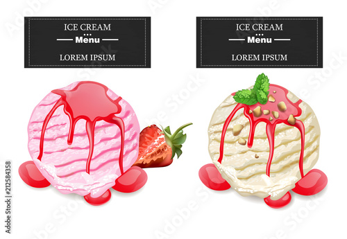 Ice cream scoops Vector. Chocolate, vanilla and strawberry flavors