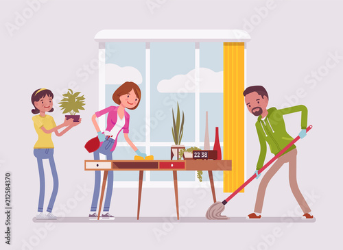 Family cleaning the house