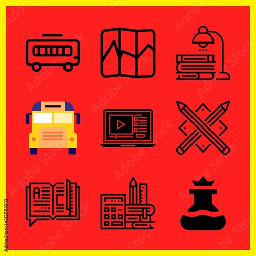 Simple 9 icon set of edication related open book, pencils, studying and lecture vector icons. Collection Illustration