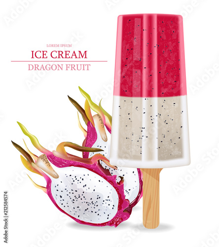 Dragon fruit ice cream Vector realistic. Product packaging mock up. Label men...