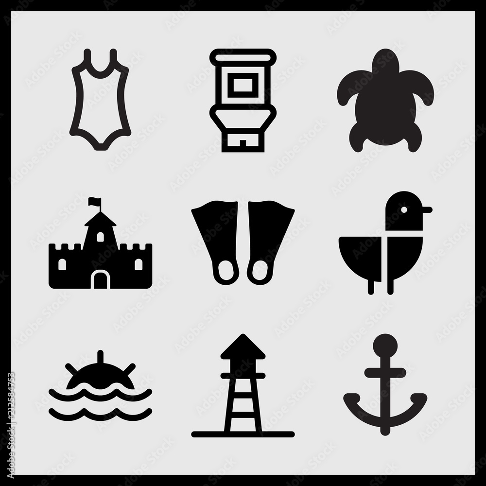 Simple 9 set of Summer related big turtle, lifeguard, sand castle with flag and women swimming suit vector icons Simple 9 set of Summer related big turtle, lifeguard, sand castle with flag and women swimming suit vector icons
