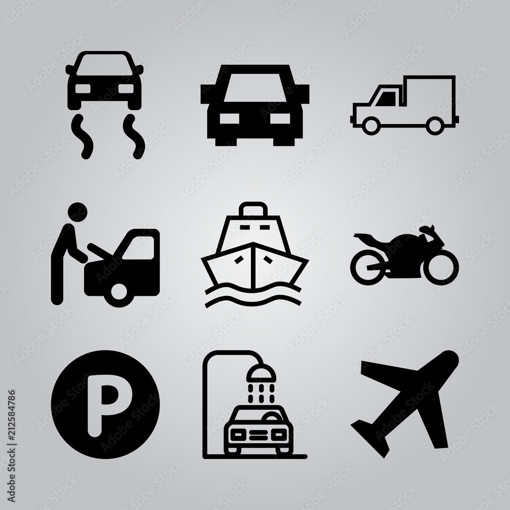 Simple 9 icon set of transport related ship, car wash, motorcycle of big size black silhouette and skidding car vector icons. Collection Illustration Simple 9 icon set of transport related ship, car wash, motorcycle of big size black silhouette and skidding car vector icons. Collection Illustration