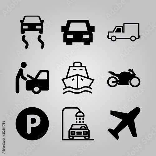 Simple 9 icon set of transport related ship, car wash, motorcycle of big size black silhouette and skidding car vector icons. Collection Illustration