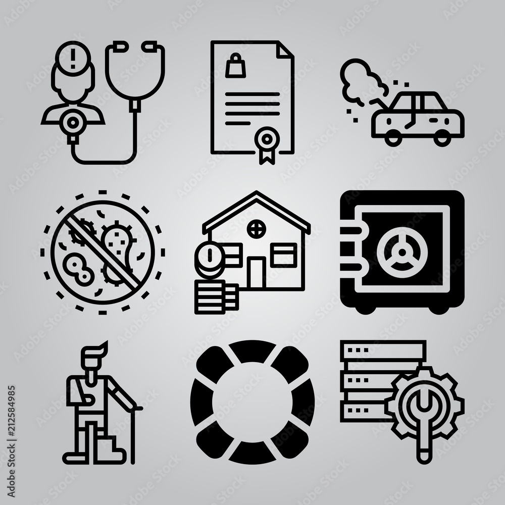 Simple 9 icon set of insurance related [iconsRandom:4] vector icons. Collection Illustration